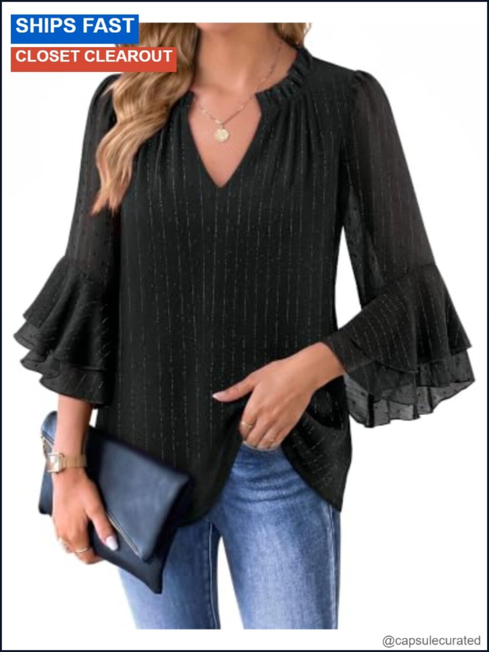 Women's 3/4 Sleeve Ruffle Neck Chiffon Dressy Blouse